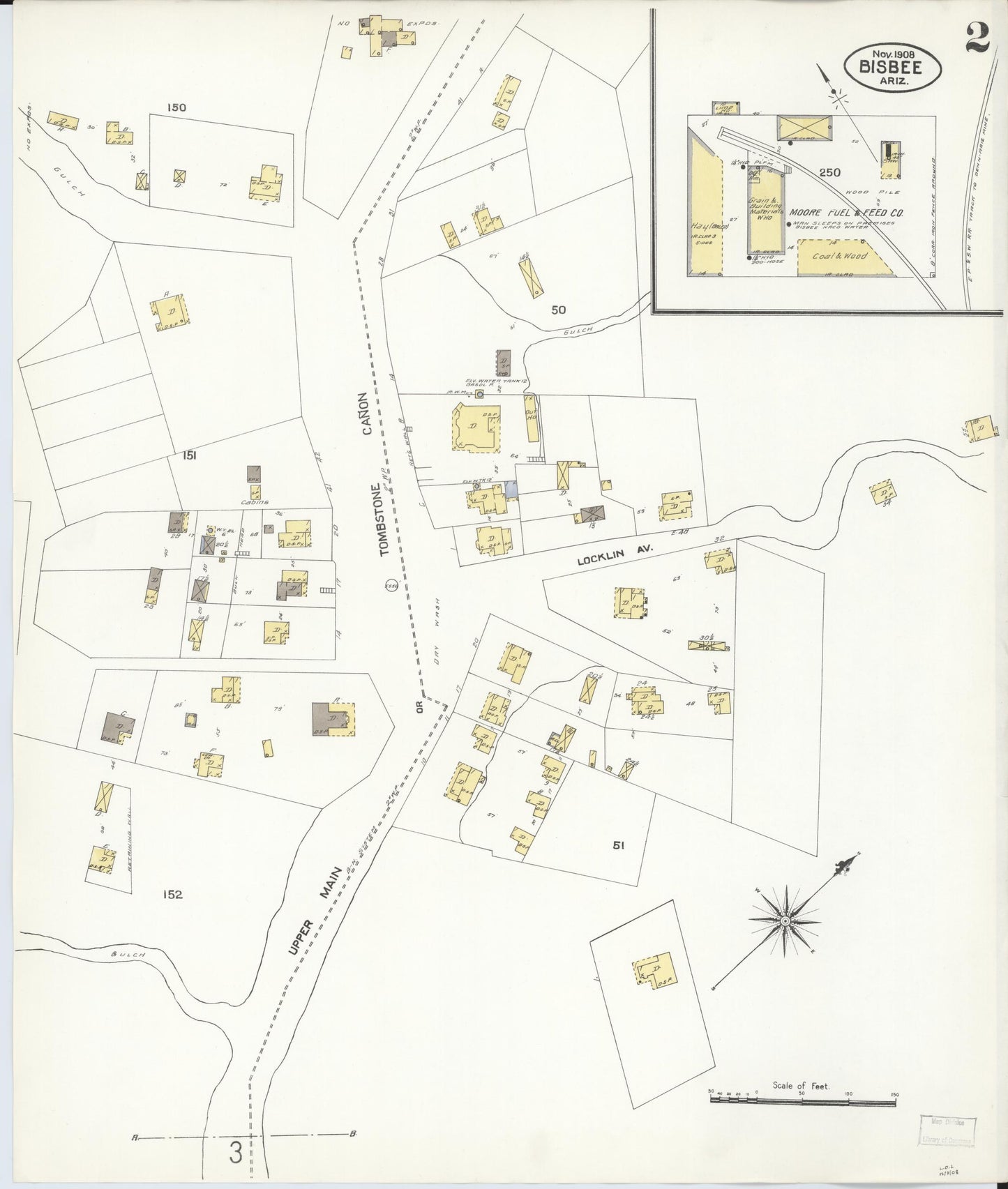 Sanborn Fire Insurance Map from Bisbee, Cochise County, Arizona (1908), Sheet #0002 - Complete Map Set gallery image, historic Sanborn map, vintage wall art, Arizona Arizona