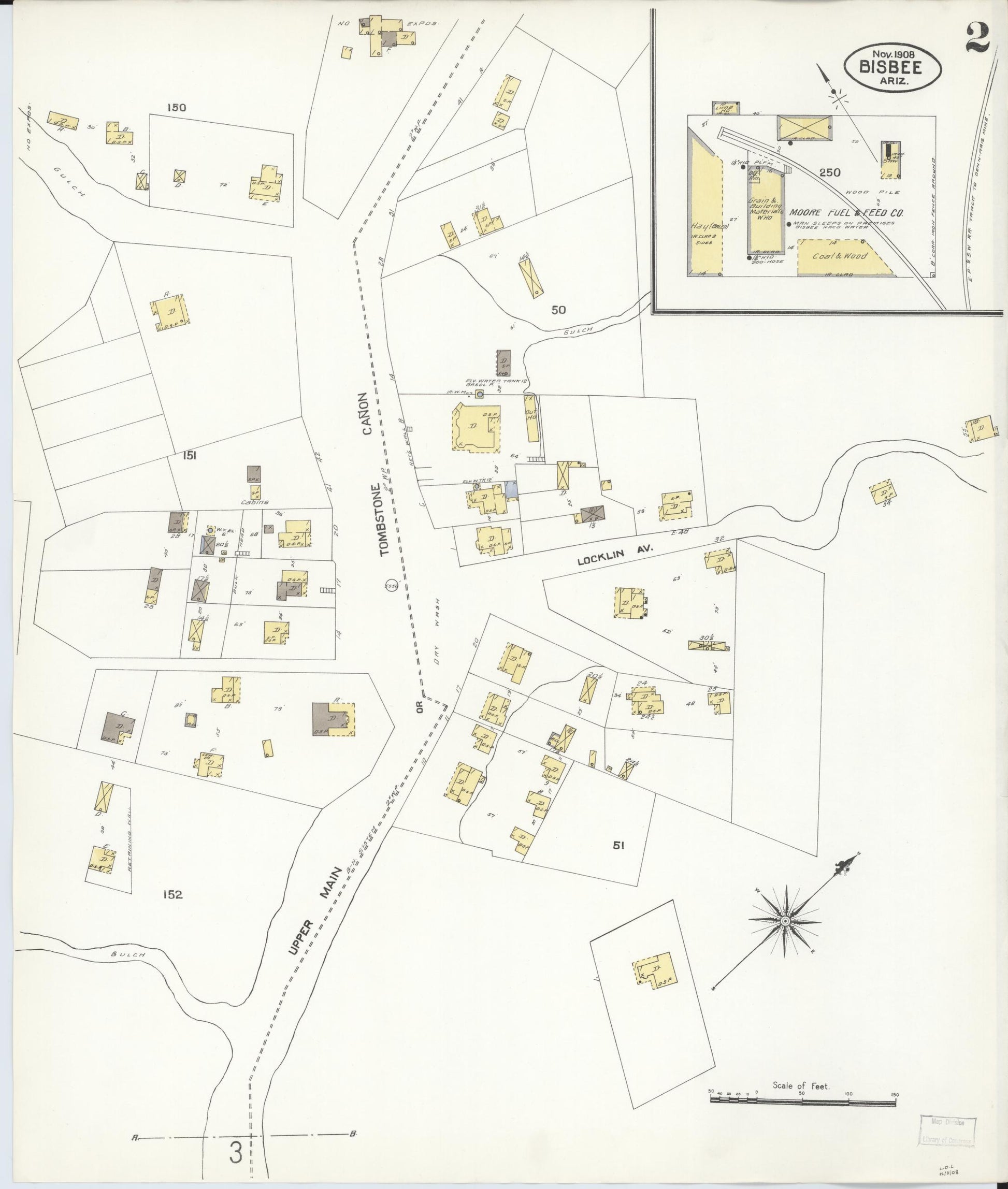 Sanborn Fire Insurance Map from Bisbee, Cochise County, Arizona (1908), Sheet #0002 - Complete Map Set gallery image, historic Sanborn map, vintage wall art, Arizona Arizona