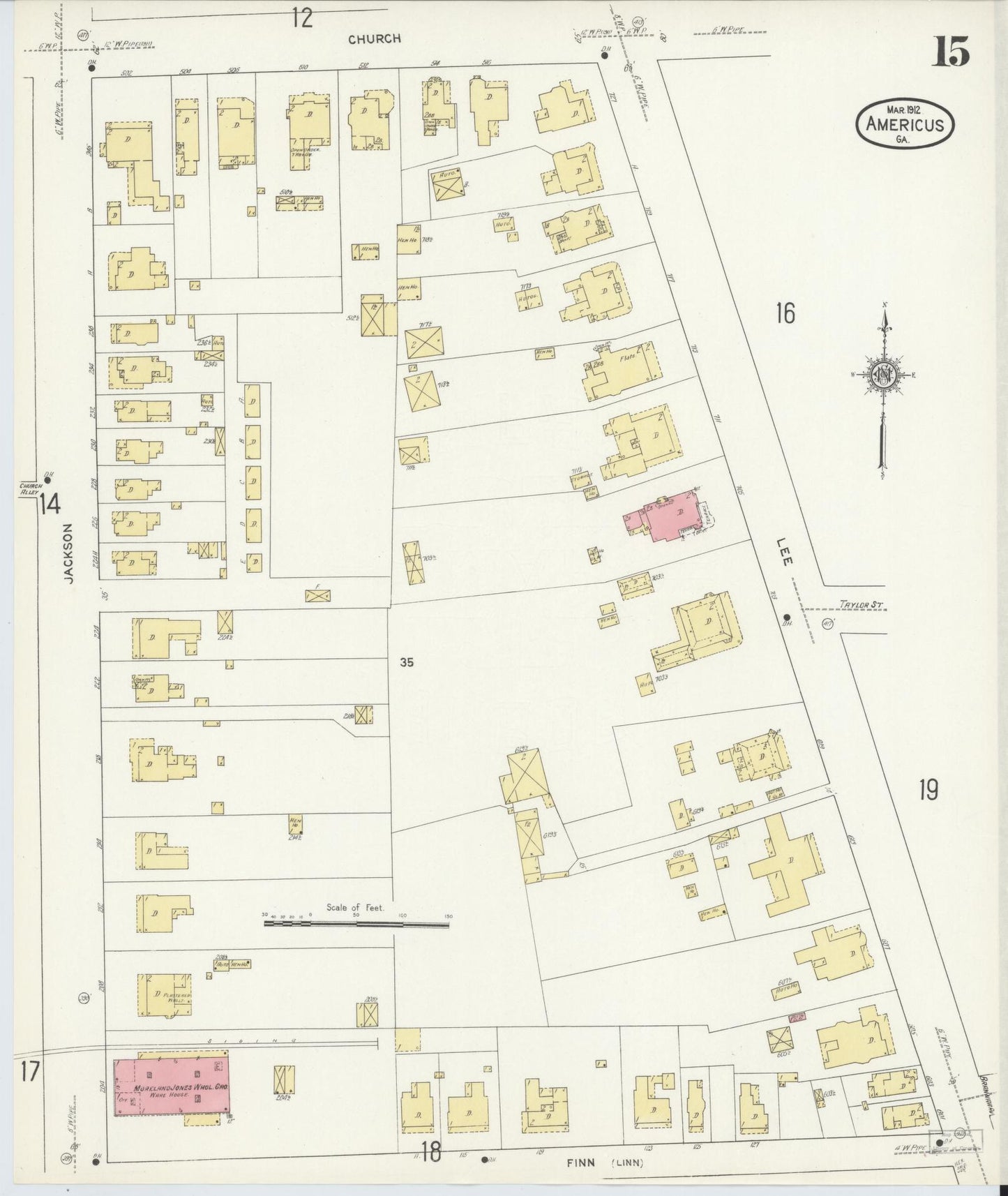 Sanborn Fire Insurance Map from Americus, Sumter County, Georgia (1912), Sheet #0015 - Historic Sanborn Fire Insurance Map Print, vintage old map wall art, antique decor, genealogy gift, Georgia Georgia map