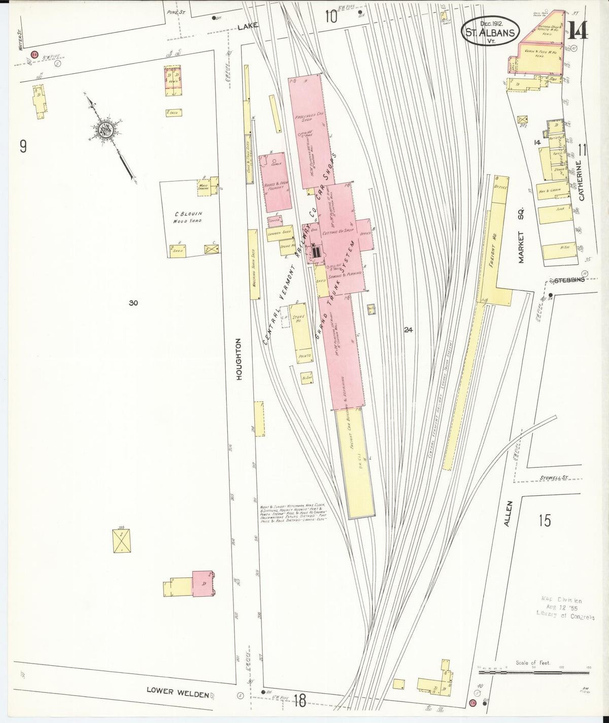 Sanborn Fire Insurance Map from Saint Albans, Franklin County, Vermont (1912), Sheet #0014 - Historic Sanborn Fire Insurance Map Print, vintage old map wall art, antique decor, genealogy gift, Vermont Vermont map