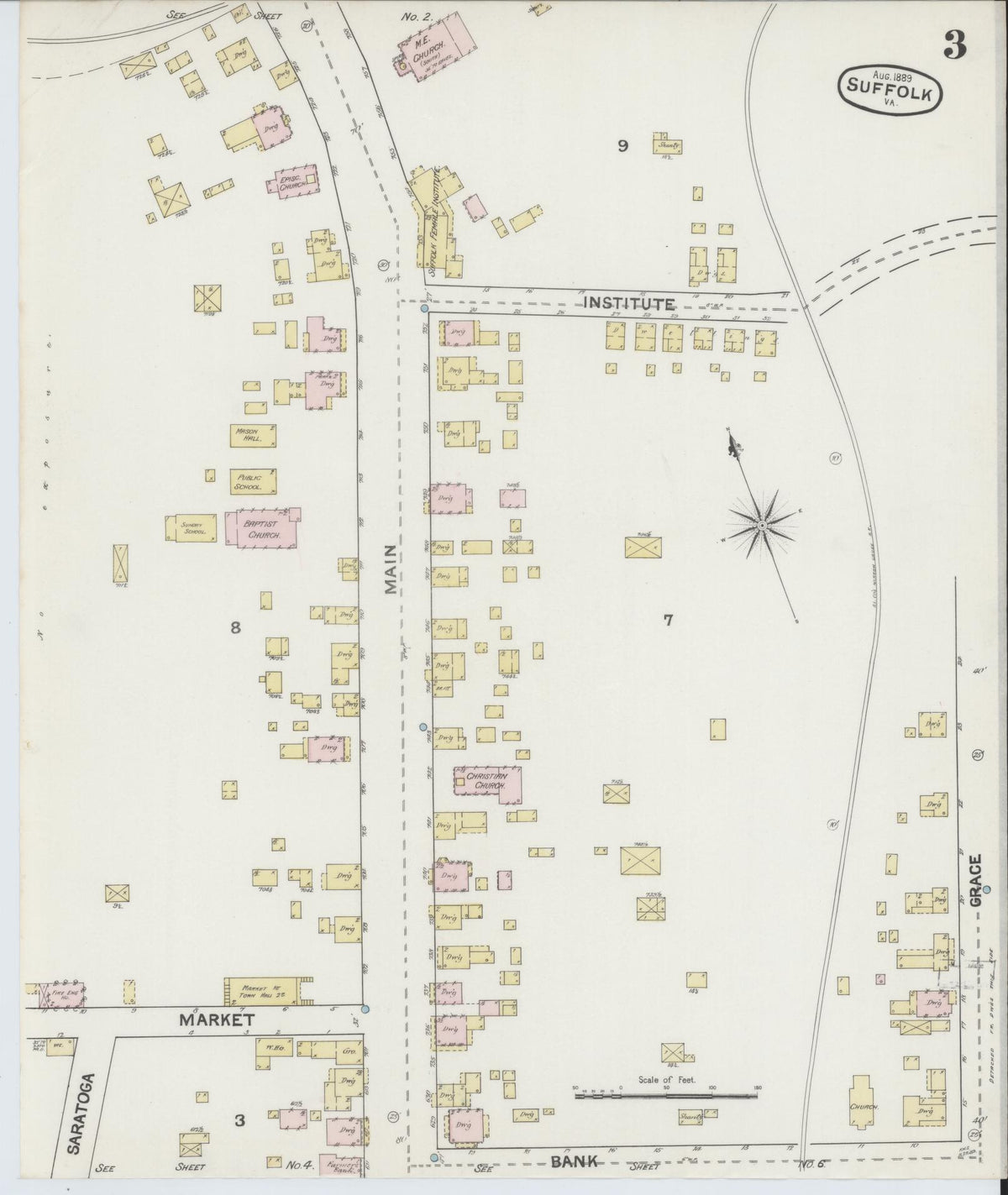 Sanborn Fire Insurance Map from Suffolk, Independent Cities, Virginia (1889), Sheet #0003 - Historic Sanborn Fire Insurance Map Print, vintage old map wall art, antique decor, genealogy gift, Virginia Virginia map
