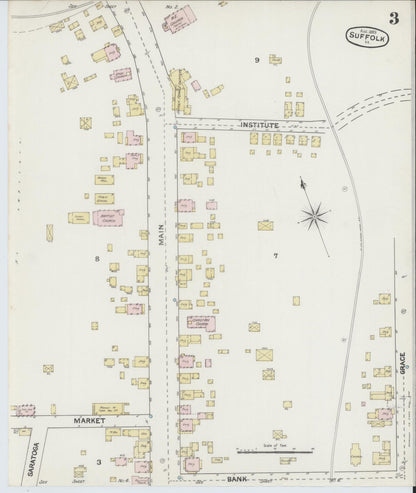 Sanborn Fire Insurance Map from Suffolk, Independent Cities, Virginia (1889), Sheet #0003 - Historic Sanborn Fire Insurance Map Print, vintage old map wall art, antique decor, genealogy gift, Virginia Virginia map