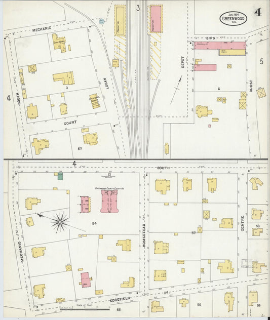 Sanborn Fire Insurance Map from Greenwood, Greenwood County, South Carolina (1904), Sheet #0004 - Historic Sanborn Fire Insurance Map Print, vintage old map wall art, antique decor, genealogy gift, South Carolina South Carolina map