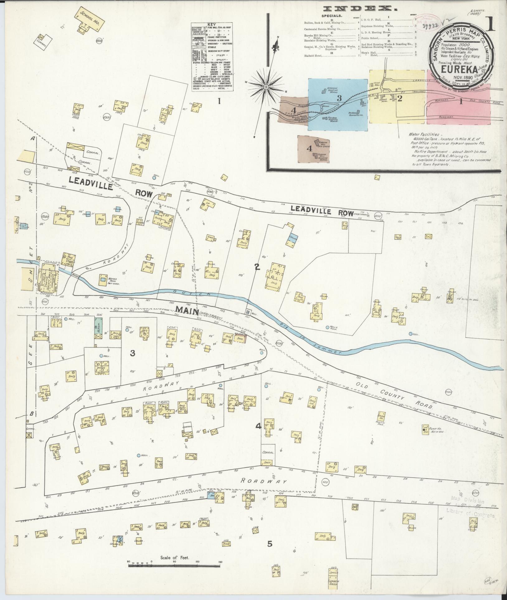 Sanborn Fire Insurance Map from Eureka, Juab County, Utah (1890), Sheet #0001 - Historic Sanborn Fire Insurance Map Print, vintage old map wall art, antique decor, genealogy gift, Utah Utah map