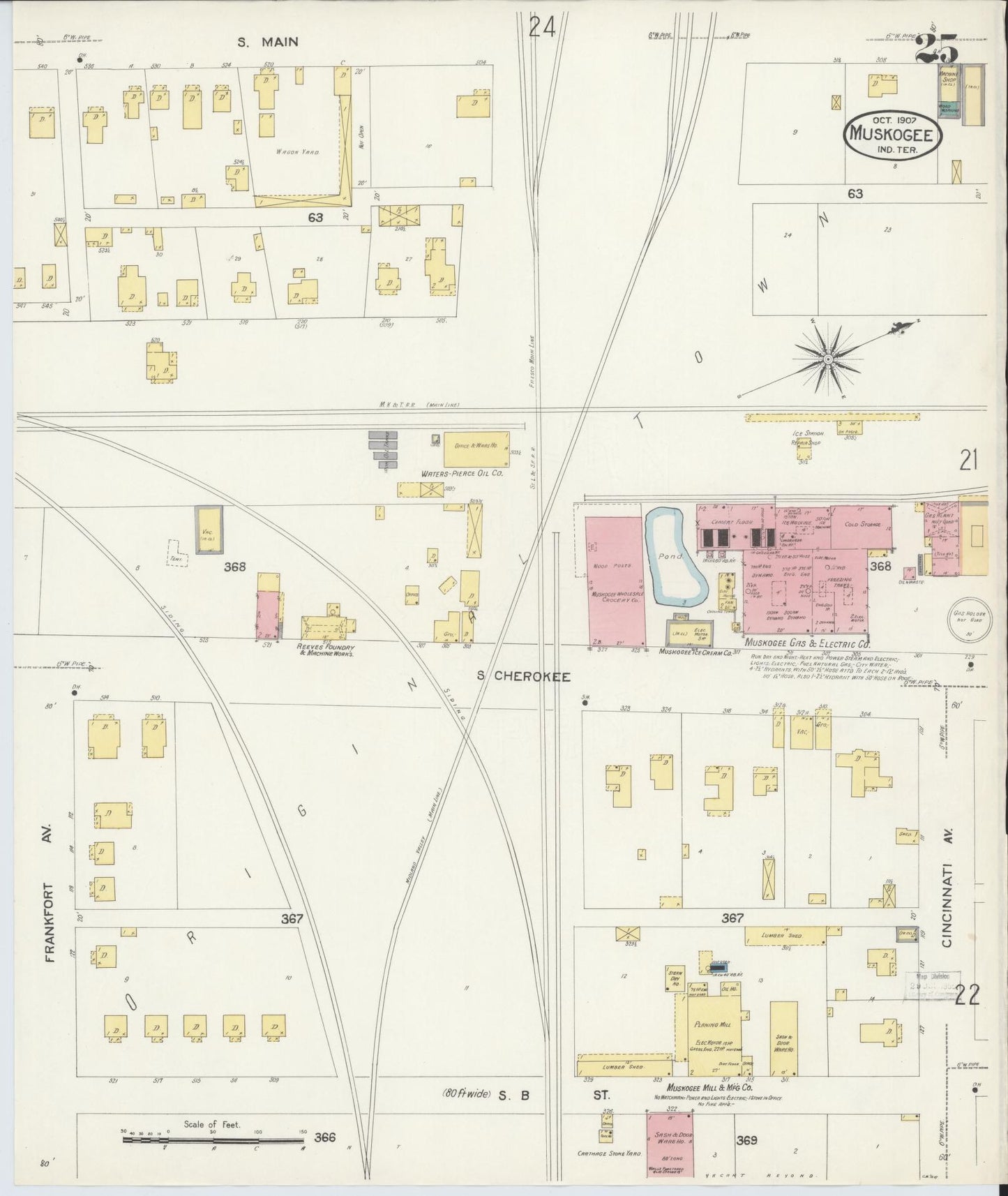 Sanborn Fire Insurance Map from Muskogee, Muskogee County, Oklahoma (1907), Sheet #0025 - Historic Sanborn Fire Insurance Map Print, vintage old map wall art, antique decor, genealogy gift, Oklahoma Oklahoma map