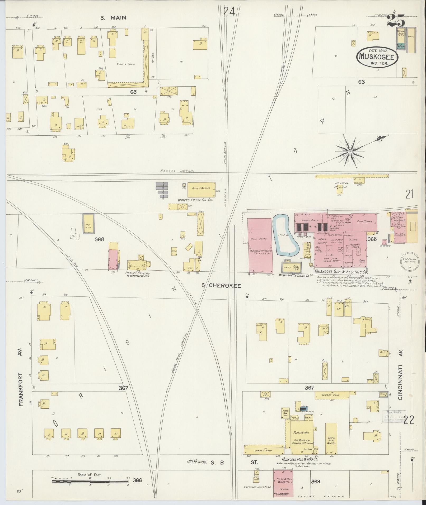 Sanborn Fire Insurance Map from Muskogee, Muskogee County, Oklahoma (1907), Sheet #0025 - Historic Sanborn Fire Insurance Map Print, vintage old map wall art, antique decor, genealogy gift, Oklahoma Oklahoma map