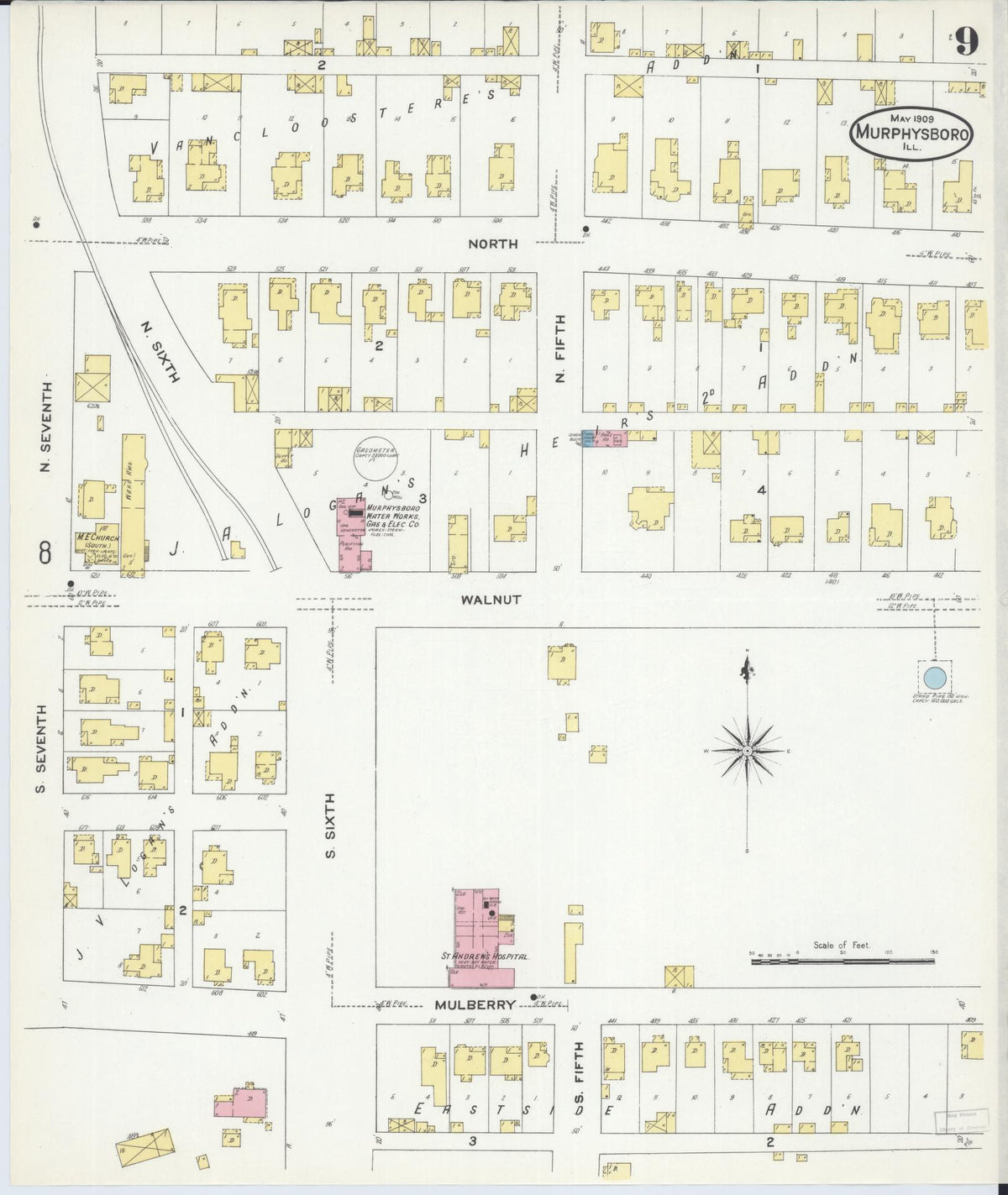 Sanborn Fire Insurance Map from Murphysboro, Jackson County, Illinois (1909), Sheet #0009 - Historic Sanborn Fire Insurance Map Print, vintage old map wall art, antique decor, genealogy gift, Illinois Illinois map