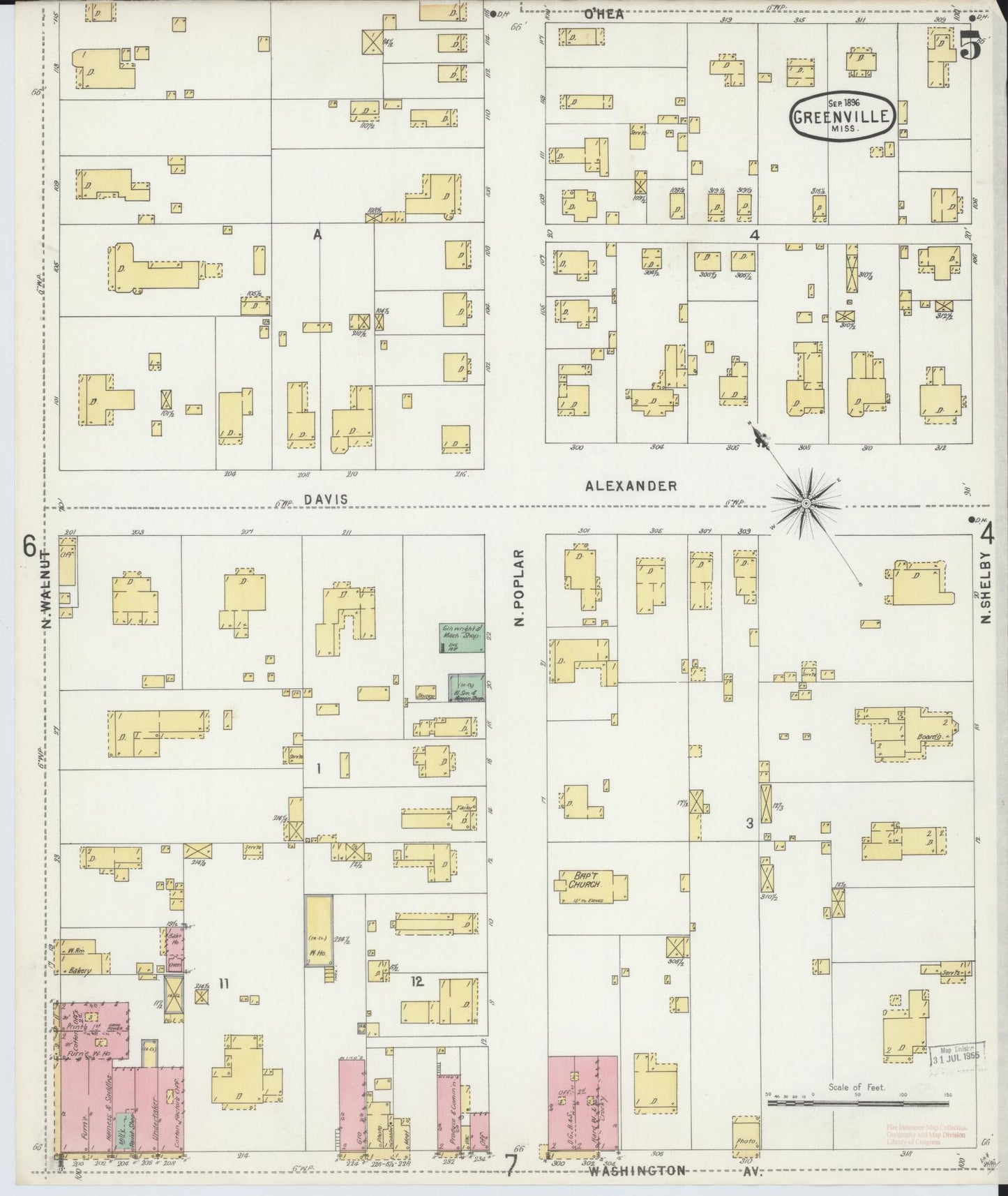Sanborn Fire Insurance Map from Greenville, Washington County, Mississippi (1896), Sheet #0005 - Historic Sanborn Fire Insurance Map Print, vintage old map wall art, antique decor, genealogy gift, Mississippi Mississippi map