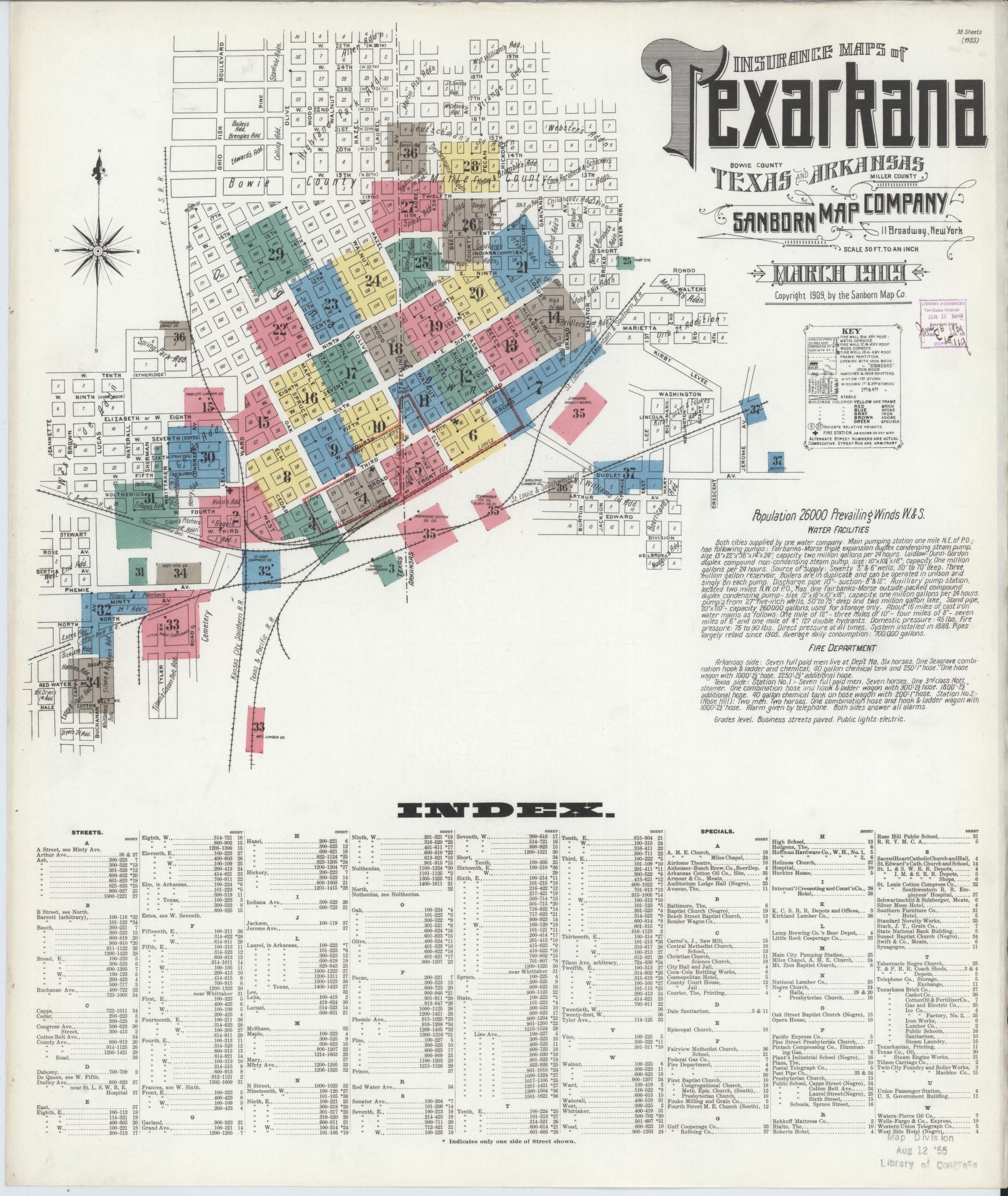 Sanborn Fire Insurance Map from Texarkana, Bowie County, Texas (1909), Sheet #0001 - Complete Map Set gallery image, historic Sanborn map, vintage wall art, Texas Texas