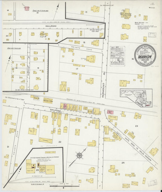 Sanborn Fire Insurance Map from Marion, Somerset County, Maryland (1917), Sheet #0001 - Historic Sanborn Fire Insurance Map Print, vintage old map wall art, antique decor, genealogy gift, Maryland Maryland map