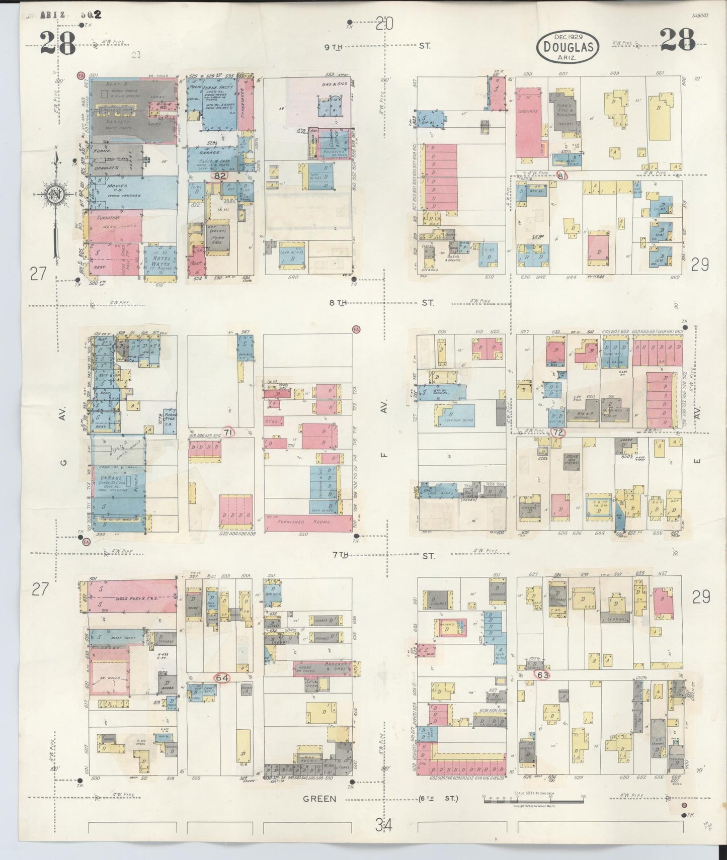 Sanborn Fire Insurance Map from Douglas, Cochise County, Arizona (1947), Sheet #0028 - Historic Sanborn Fire Insurance Map Print, vintage old map wall art, antique decor, genealogy gift, Arizona Arizona map