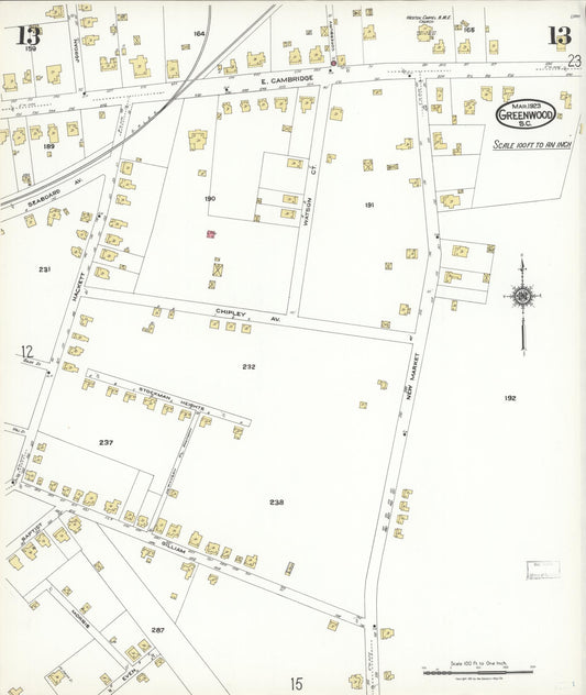 Sanborn Fire Insurance Map from Greenwood, Greenwood County, South Carolina (1923), Sheet #0013 - Historic Sanborn Fire Insurance Map Print, vintage old map wall art, antique decor, genealogy gift, South Carolina South Carolina map