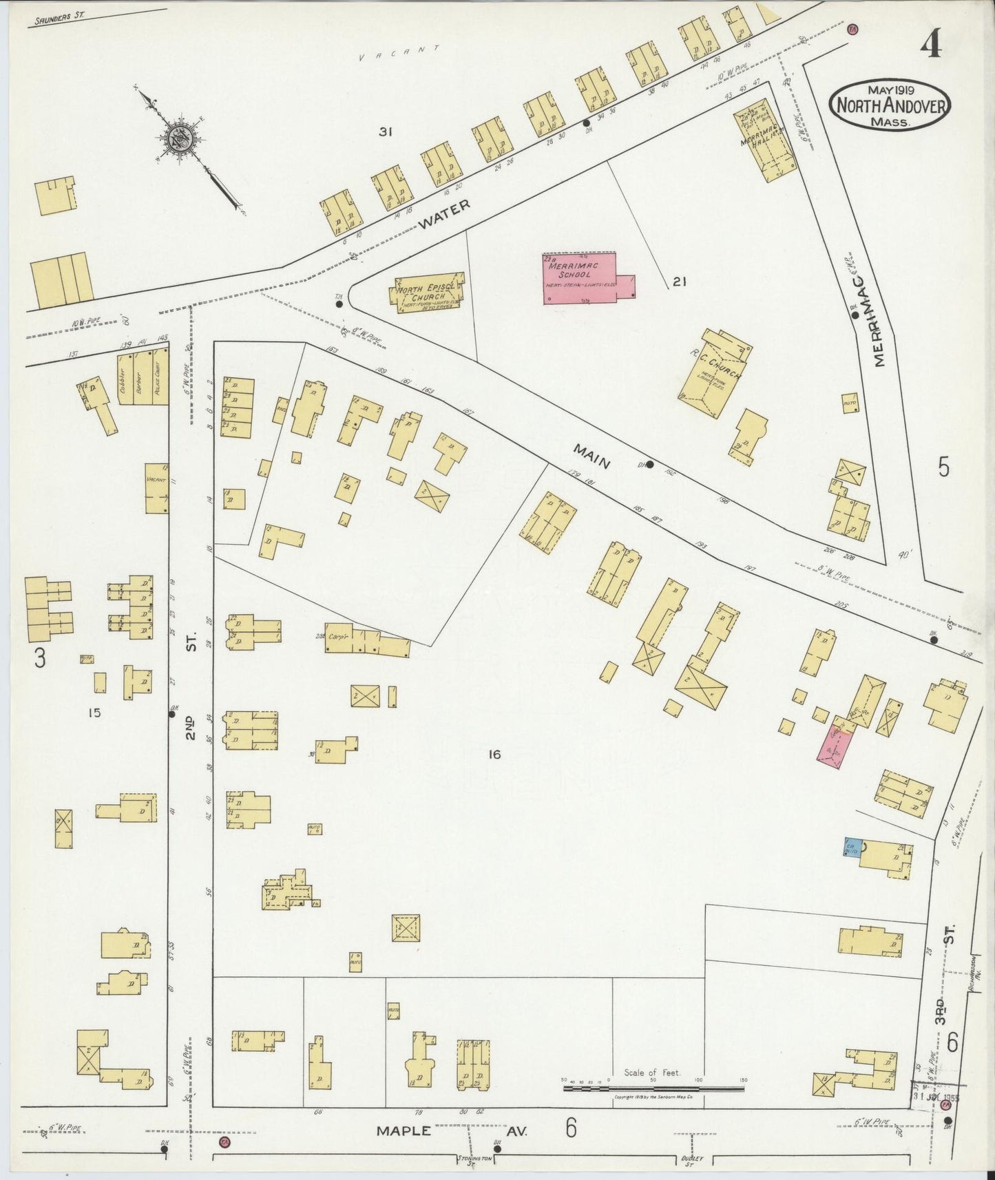 Sanborn Fire Insurance Map from North Andover, Essex County, Massachusetts (1919), Sheet #0004 - Historic Sanborn Fire Insurance Map Print, vintage old map wall art, antique decor, genealogy gift, Massachusetts Massachusetts map