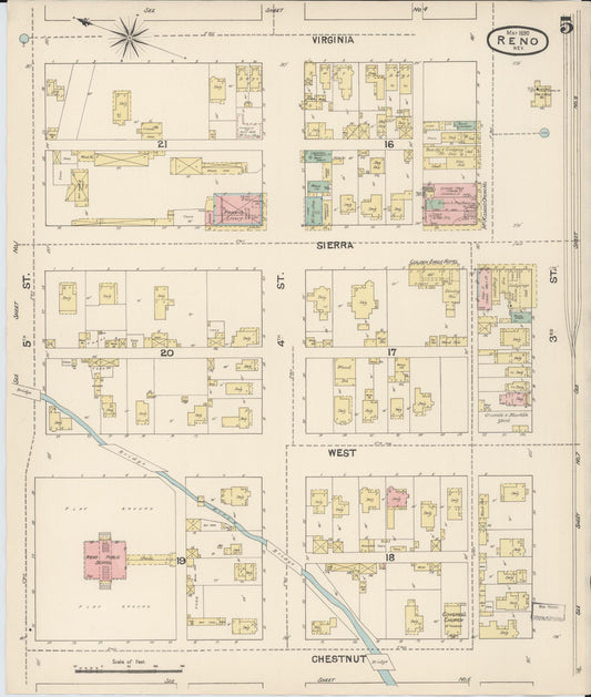 Sanborn Fire Insurance Map from Reno, Washoe County, Nevada (1890), Sheet #0005 - Historic Sanborn Fire Insurance Map Print, vintage old map wall art, antique decor, genealogy gift, Nevada Nevada map
