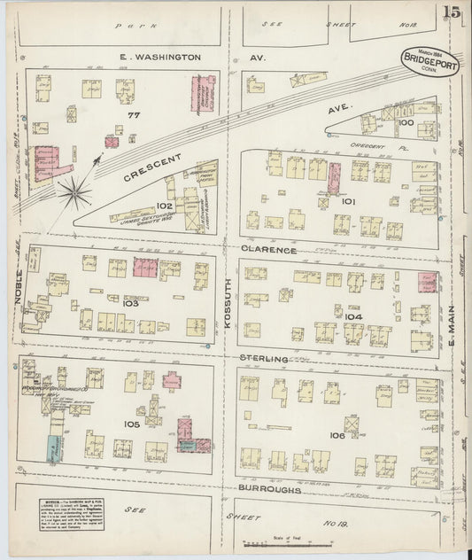 Sanborn Fire Insurance Map from Bridgeport, Fairfield County, Connecticut (1884), Sheet #0015 - Historic Sanborn Fire Insurance Map Print, vintage old map wall art, antique decor, genealogy gift, Connecticut Connecticut map