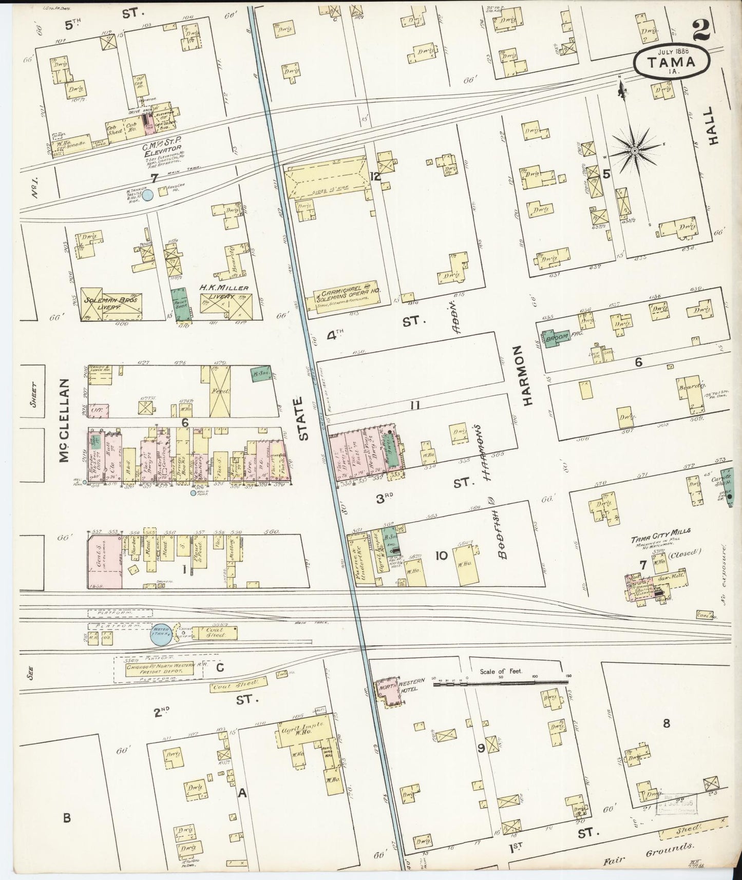 Sanborn Fire Insurance Map from Tama, Tama County, Iowa (1888), Sheet #0002 - Historic Sanborn Fire Insurance Map Print, vintage old map wall art
