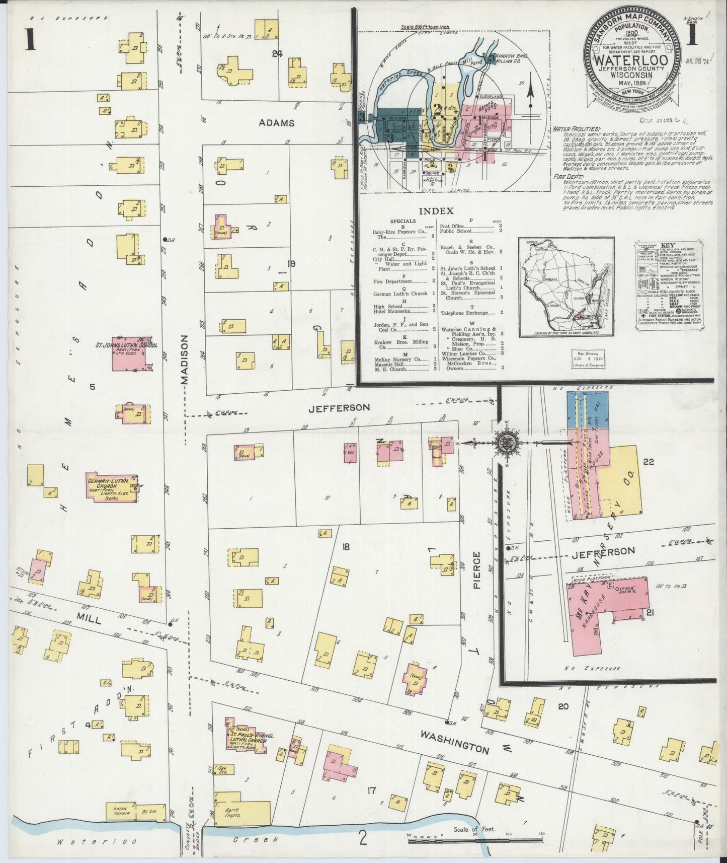 Sanborn Fire Insurance Map from Waterloo, Jefferson County, Wisconsin (1924), Sheet #0001 - Complete Map Set gallery image, historic Sanborn map, vintage wall art, Wisconsin Wisconsin