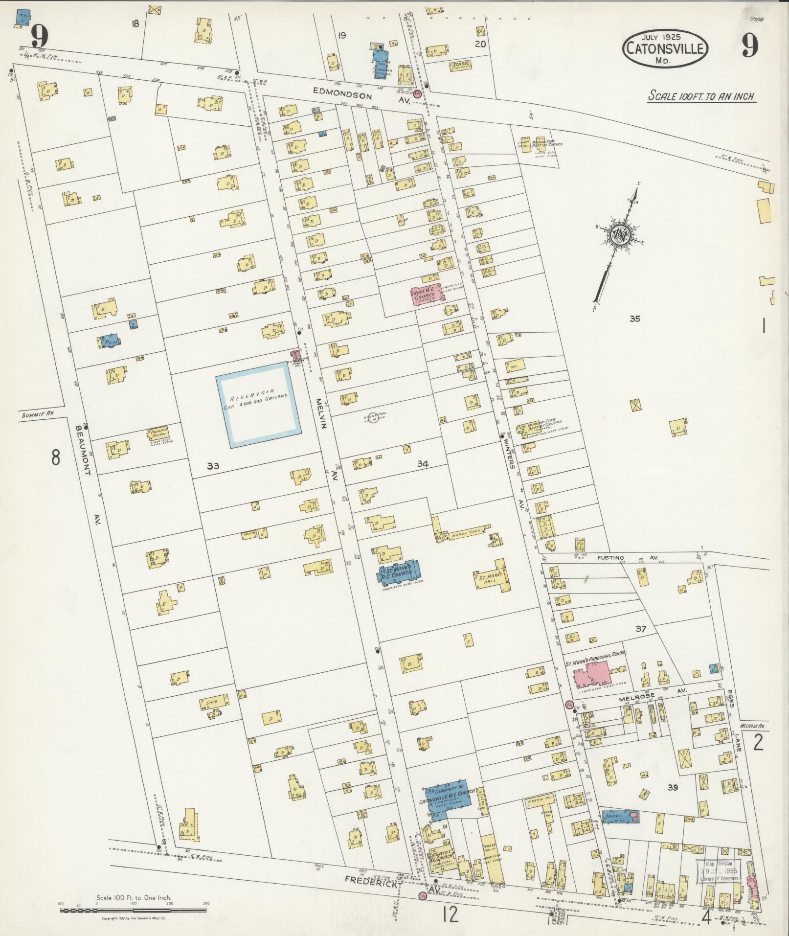 Sanborn Fire Insurance Map from Catonsville, Baltimore County, Maryland (1925), Sheet #0009 - Historic Sanborn Fire Insurance Map Print, vintage old map wall art, antique decor, genealogy gift, Maryland Maryland map