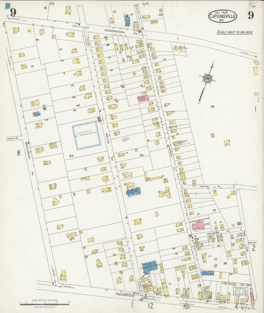 Sanborn Fire Insurance Map from Catonsville, Baltimore County, Maryland (1925), Sheet #0009 - Historic Sanborn Fire Insurance Map Print, vintage old map wall art, antique decor, genealogy gift, Maryland Maryland map
