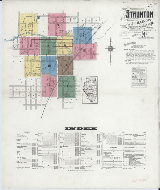 Sanborn Fire Insurance Map from Staunton, Macoupin County, Illinois (1921), Sheet #0001 - Complete Map Set gallery image, historic Sanborn map, vintage wall art, Illinois Illinois