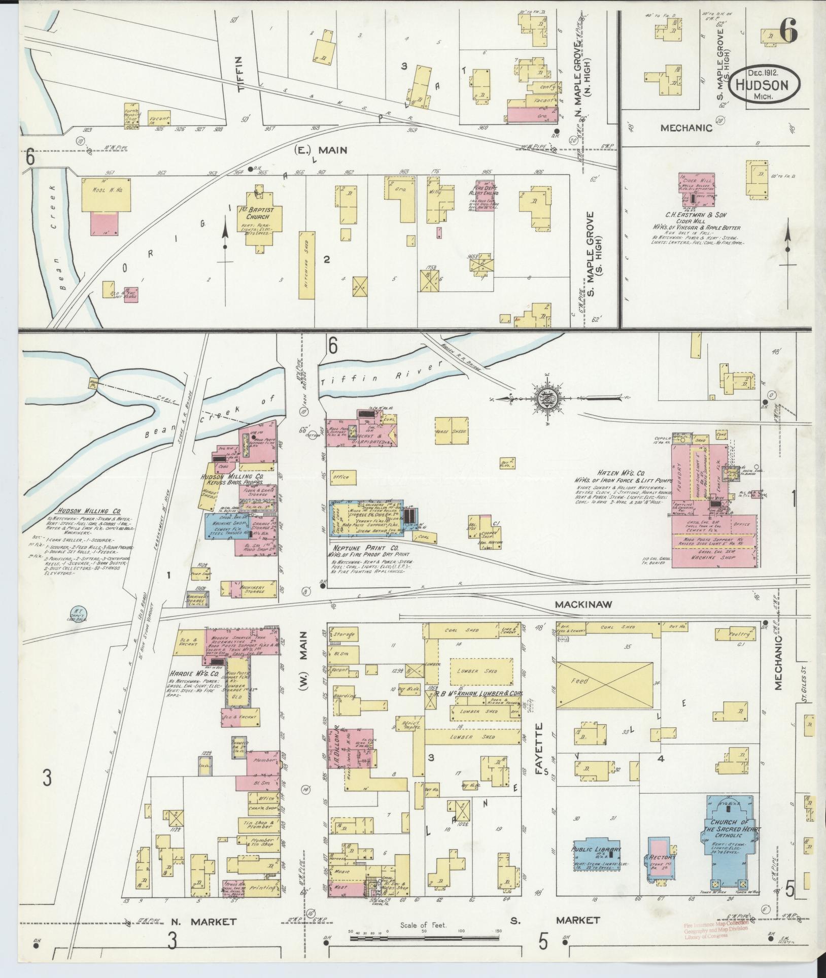 Sanborn Fire Insurance Map from Hudson, Lenawee County, Michigan (1912), Sheet #0006 - Complete Map Set gallery image, historic Sanborn map, vintage wall art, Michigan Michigan