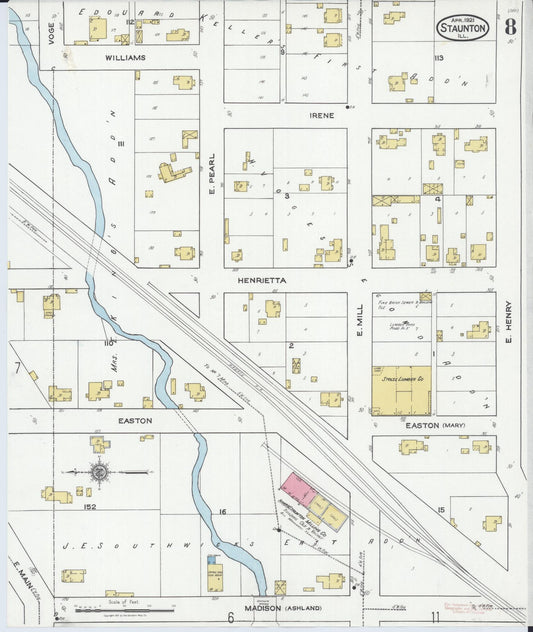 Sanborn Fire Insurance Map from Staunton, Macoupin County, Illinois (1921), Sheet #0008 - Historic Sanborn Fire Insurance Map Print, vintage old map wall art, antique decor, genealogy gift, Illinois Illinois map