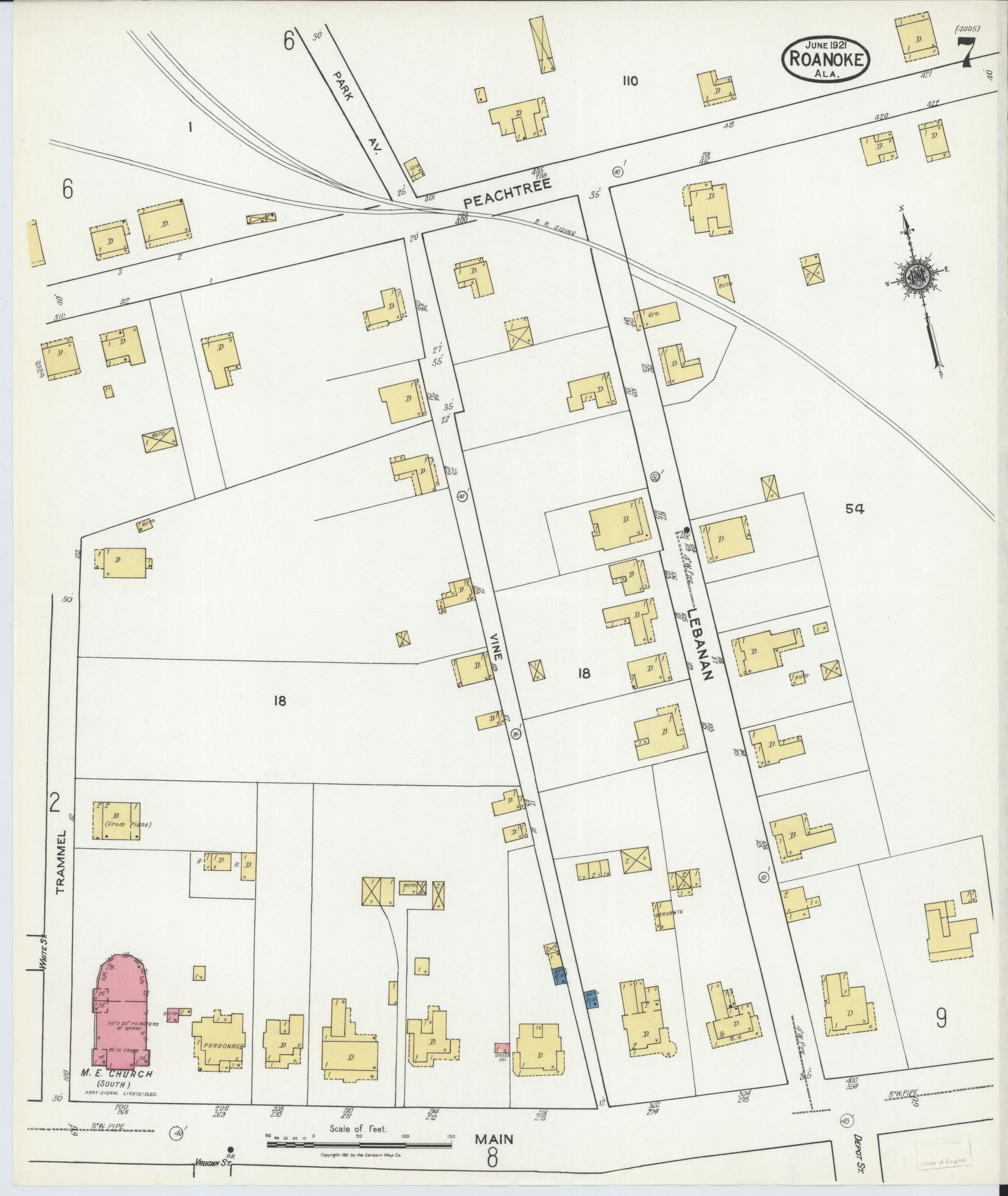 Sanborn Fire Insurance Map from Roanoke, Randolph County, Alabama (1921), Sheet #0007 - Historic Sanborn Fire Insurance Map Print, vintage old map wall art, antique decor, genealogy gift, Alabama Alabama map