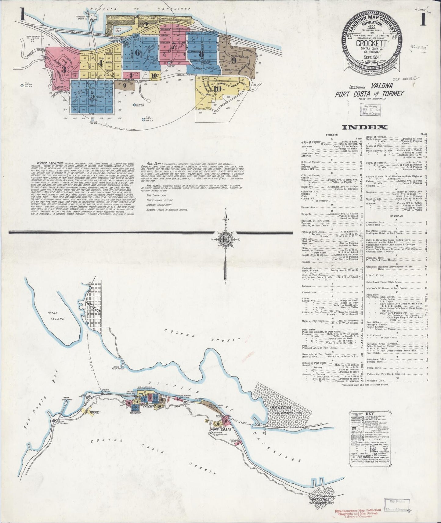 Sanborn Fire Insurance Map from Crockett, Contra Costa County, California (1924), Sheet #0001 - Historic Sanborn Fire Insurance Map Print, vintage old map wall art, antique decor, genealogy gift, California California map