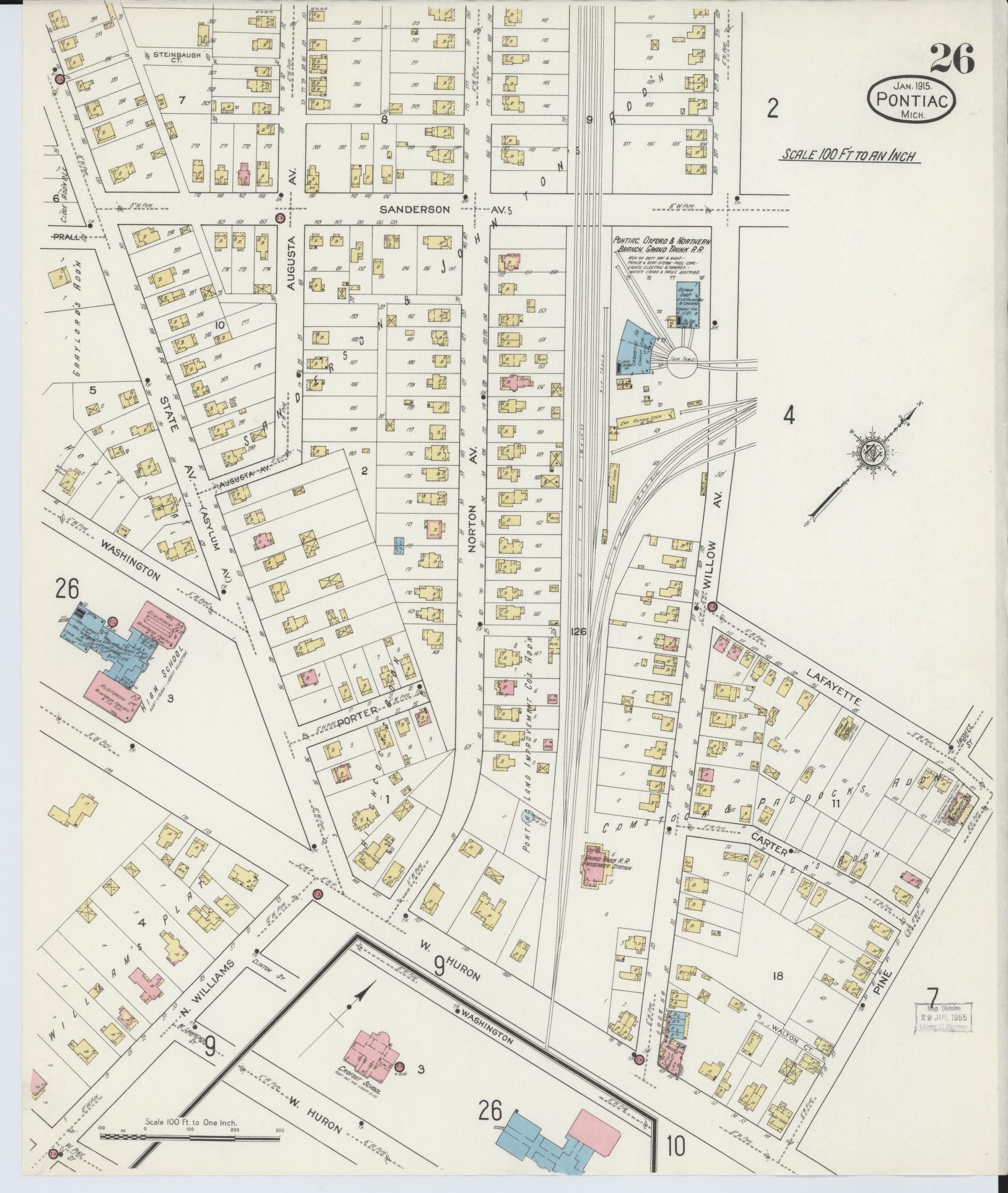 Sanborn Fire Insurance Map from Pontiac, Oakland County, Michigan (1915), Sheet #0026 - Historic Sanborn Fire Insurance Map Print, vintage old map wall art, antique decor, genealogy gift, Michigan Michigan map