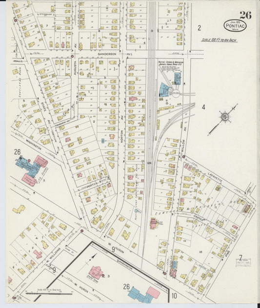 Sanborn Fire Insurance Map from Pontiac, Oakland County, Michigan (1915), Sheet #0026 - Historic Sanborn Fire Insurance Map Print, vintage old map wall art, antique decor, genealogy gift, Michigan Michigan map