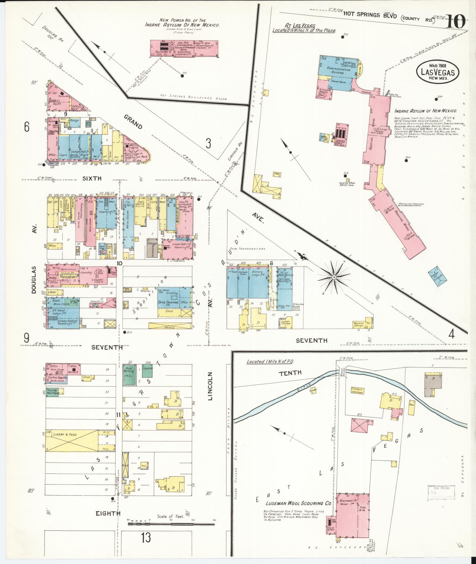 Sanborn Fire Insurance Map from Las Vegas, San Miguel County, New Mexico (1908), Sheet #0010 - Complete Map Set gallery image, historic Sanborn map, vintage wall art, New Mexico New Mexico