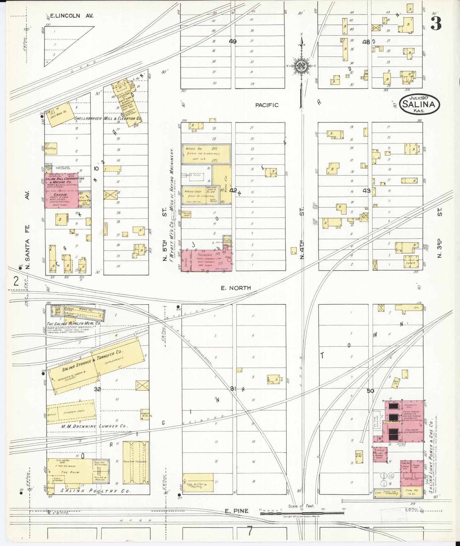 Sanborn Fire Insurance Map from Salina, Saline County, Kansas (1917), Sheet #0003 - Historic Sanborn Fire Insurance Map Print, vintage old map wall art, antique decor, genealogy gift, Kansas Kansas map