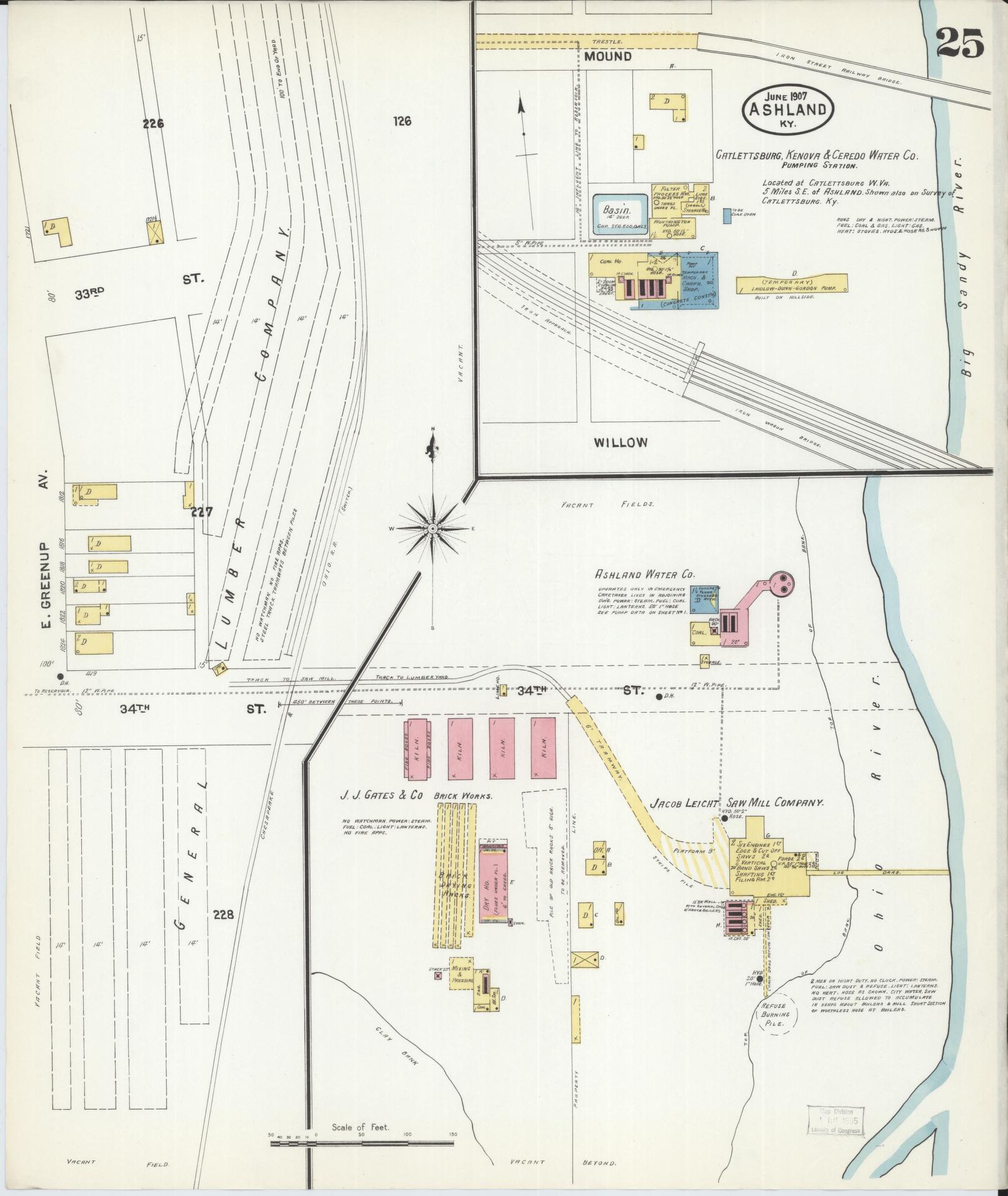 Sanborn Fire Insurance Map from Ashland, Boyd County, Kentucky (1907), Sheet #0025 - Historic Sanborn Fire Insurance Map Print, vintage old map wall art, antique decor, genealogy gift, Kentucky Kentucky map