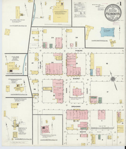 Sanborn Fire Insurance Map from Pocahontas, Randolph County, Arkansas (1910), Sheet #0001 - Historic Sanborn Fire Insurance Map Print, vintage old map wall art, antique decor, genealogy gift, Arkansas Arkansas map