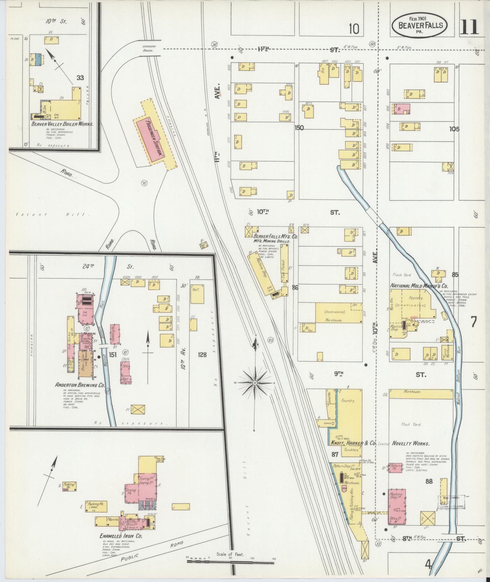 Sanborn Fire Insurance Map from Beaver Falls, Beaver County, Pennsylvania (1901), Sheet #0011 - Historic Sanborn Fire Insurance Map Print, vintage old map wall art, antique decor, genealogy gift, Pennsylvania Pennsylvania map