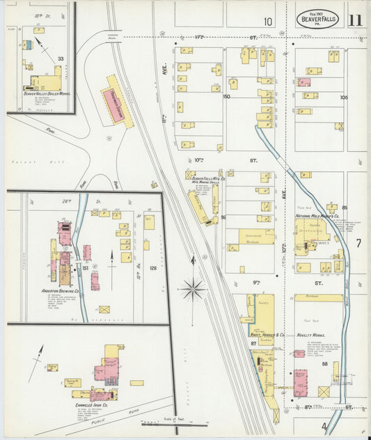 Sanborn Fire Insurance Map from Beaver Falls, Beaver County, Pennsylvania (1901), Sheet #0011 - Historic Sanborn Fire Insurance Map Print, vintage old map wall art, antique decor, genealogy gift, Pennsylvania Pennsylvania map