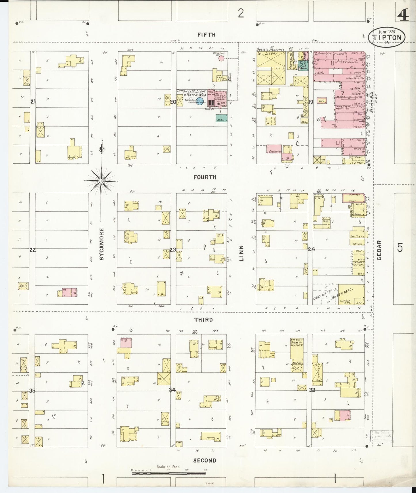 Sanborn Fire Insurance Map from Tipton, Cedar County, Iowa (1897), Sheet #0004 - Historic Sanborn Fire Insurance Map Print, vintage old map wall art
