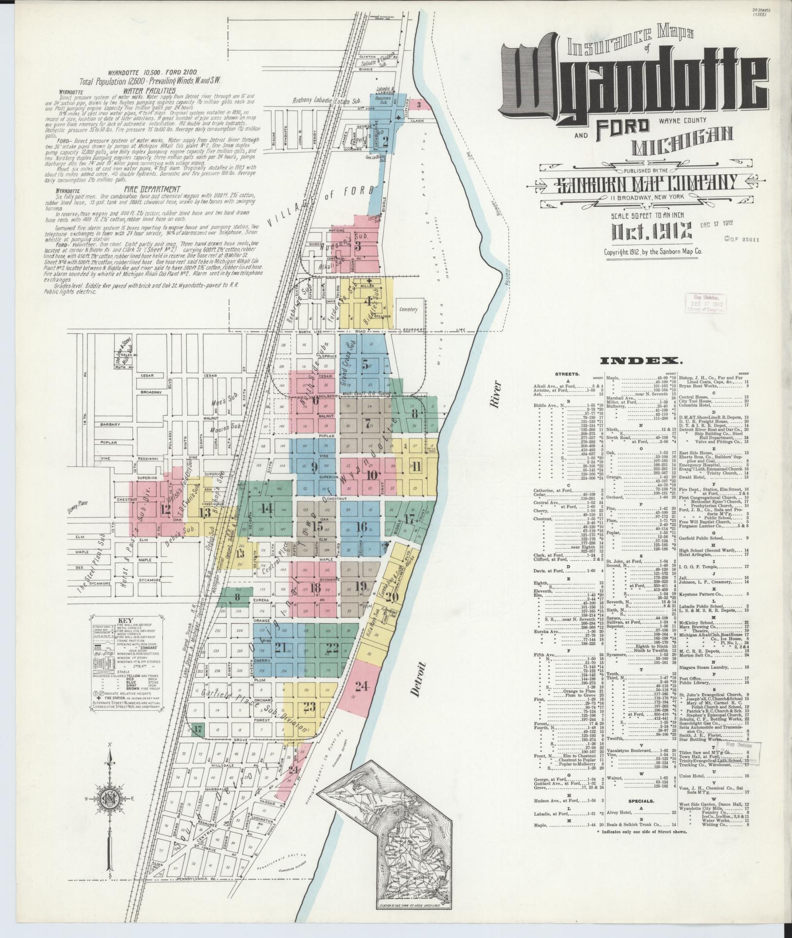 Sanborn Fire Insurance Map from Wyandotte, Wayne County, Michigan (1912), Sheet #0001 - Historic Sanborn Fire Insurance Map Print, vintage old map wall art, antique decor, genealogy gift, Michigan Michigan map