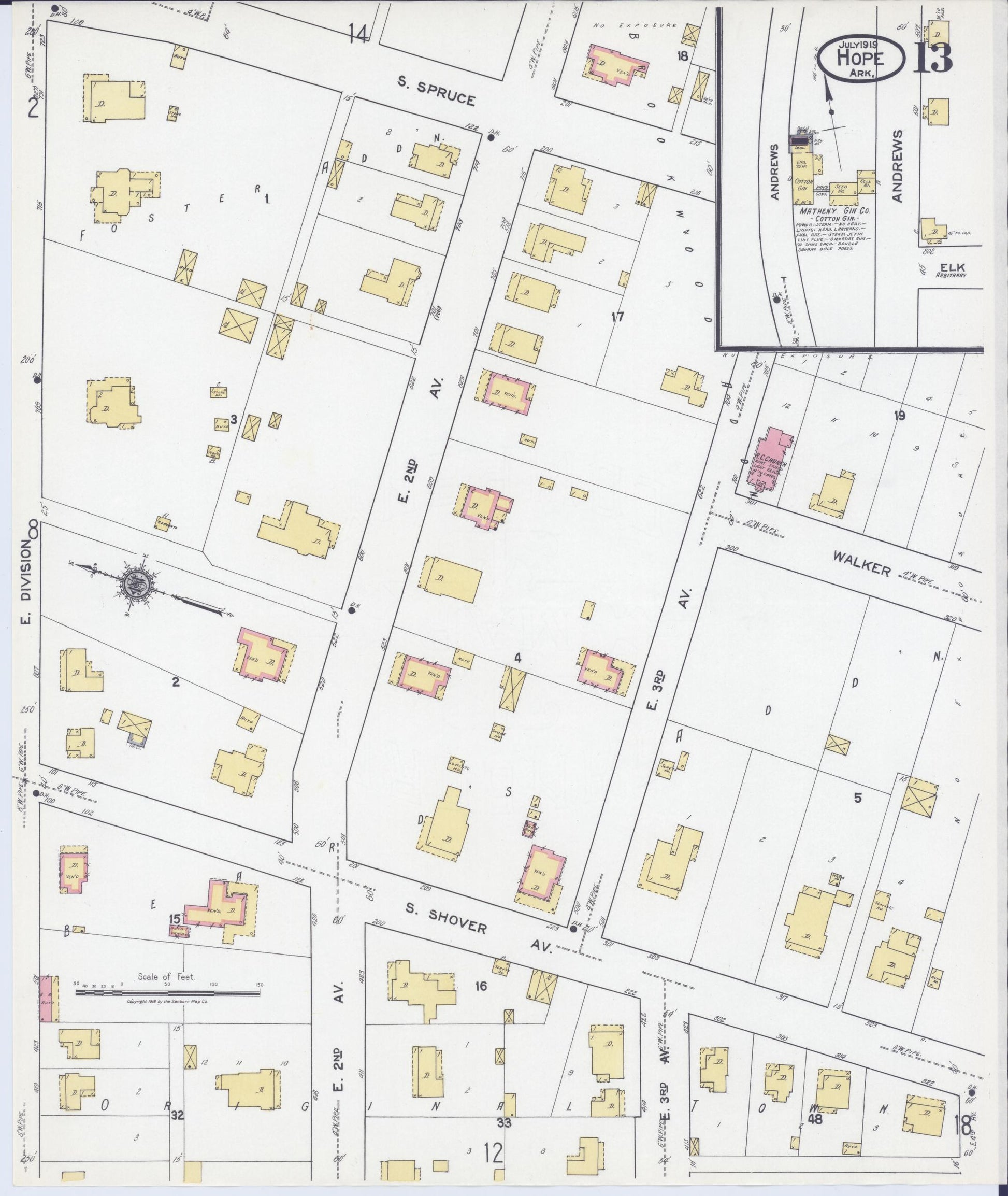 Sanborn Fire Insurance Map from Hope, Hempstead County, Arkansas (1919), Sheet #0013 - Complete Map Set gallery image, historic Sanborn map, vintage wall art, Arkansas Arkansas