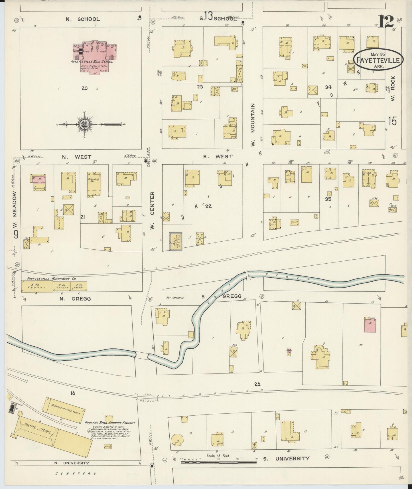 Sanborn Fire Insurance Map from Fayetteville, Washington County, Arkansas (1913), Sheet #0012 - Complete Map Set gallery image, historic Sanborn map, vintage wall art, Arkansas Arkansas