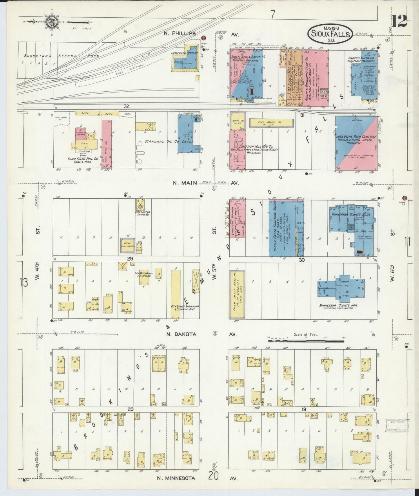 Sanborn Fire Insurance Map from Sioux Falls, Minnehaha County, South Dakota (1916), Sheet #0012 - Historic Sanborn Fire Insurance Map Print, vintage old map wall art, antique decor, genealogy gift, South Dakota South Dakota map