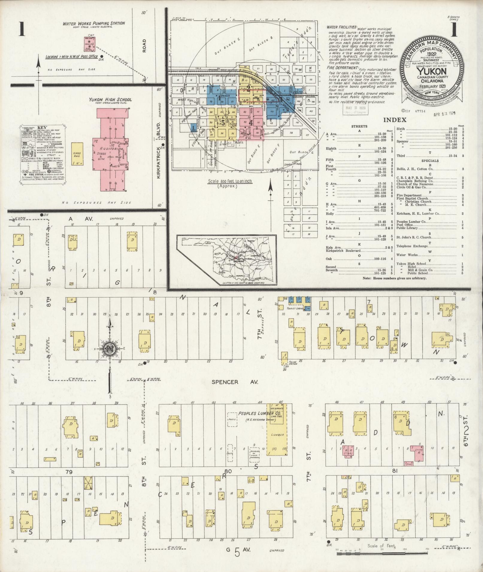 Sanborn Fire Insurance Map from Yukon, Canadian County, Oklahoma (1929), Sheet #0001 - Historic Sanborn Fire Insurance Map Print, vintage old map wall art, antique decor, genealogy gift, Oklahoma Oklahoma map