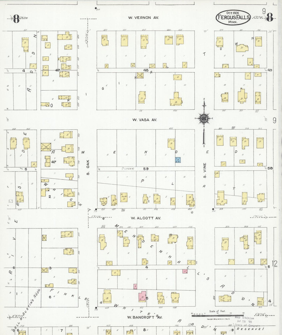 Sanborn Fire Insurance Map from Fergus Falls, Otter Tail County, Minnesota (1924), Sheet #0008 - Historic Sanborn Fire Insurance Map Print, vintage old map wall art, antique decor, genealogy gift, Minnesota Minnesota map
