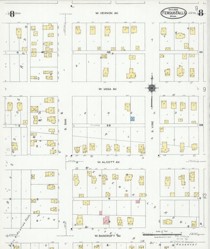 Sanborn Fire Insurance Map from Fergus Falls, Otter Tail County, Minnesota (1924), Sheet #0008 - Historic Sanborn Fire Insurance Map Print, vintage old map wall art, antique decor, genealogy gift, Minnesota Minnesota map