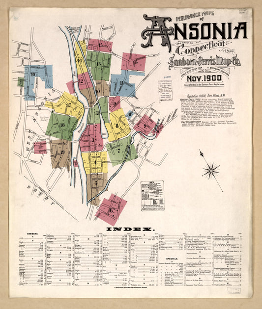 Sanborn Fire Insurance Map from Ansonia, New Haven County, Connecticut (1900), Sheet #0001 - Historic Sanborn Fire Insurance Map Print, vintage old map wall art, antique decor, genealogy gift, Connecticut Connecticut map