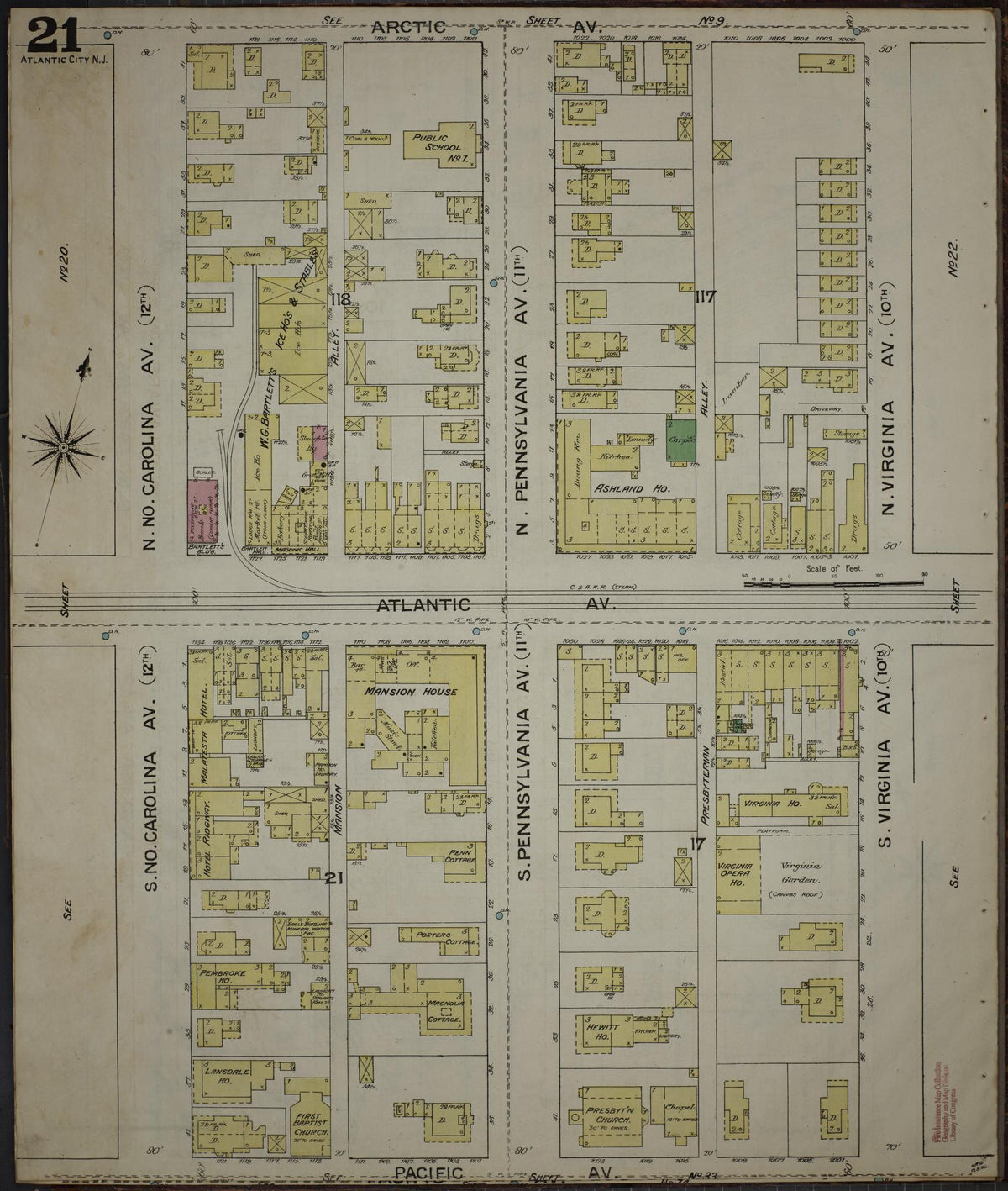 Sanborn Fire Insurance Map from Atlantic City, Atlantic County, New Jersey (1886), Sheet #0021 - Historic Sanborn Fire Insurance Map Print, vintage old map wall art, antique decor, genealogy gift, New Jersey New Jersey map