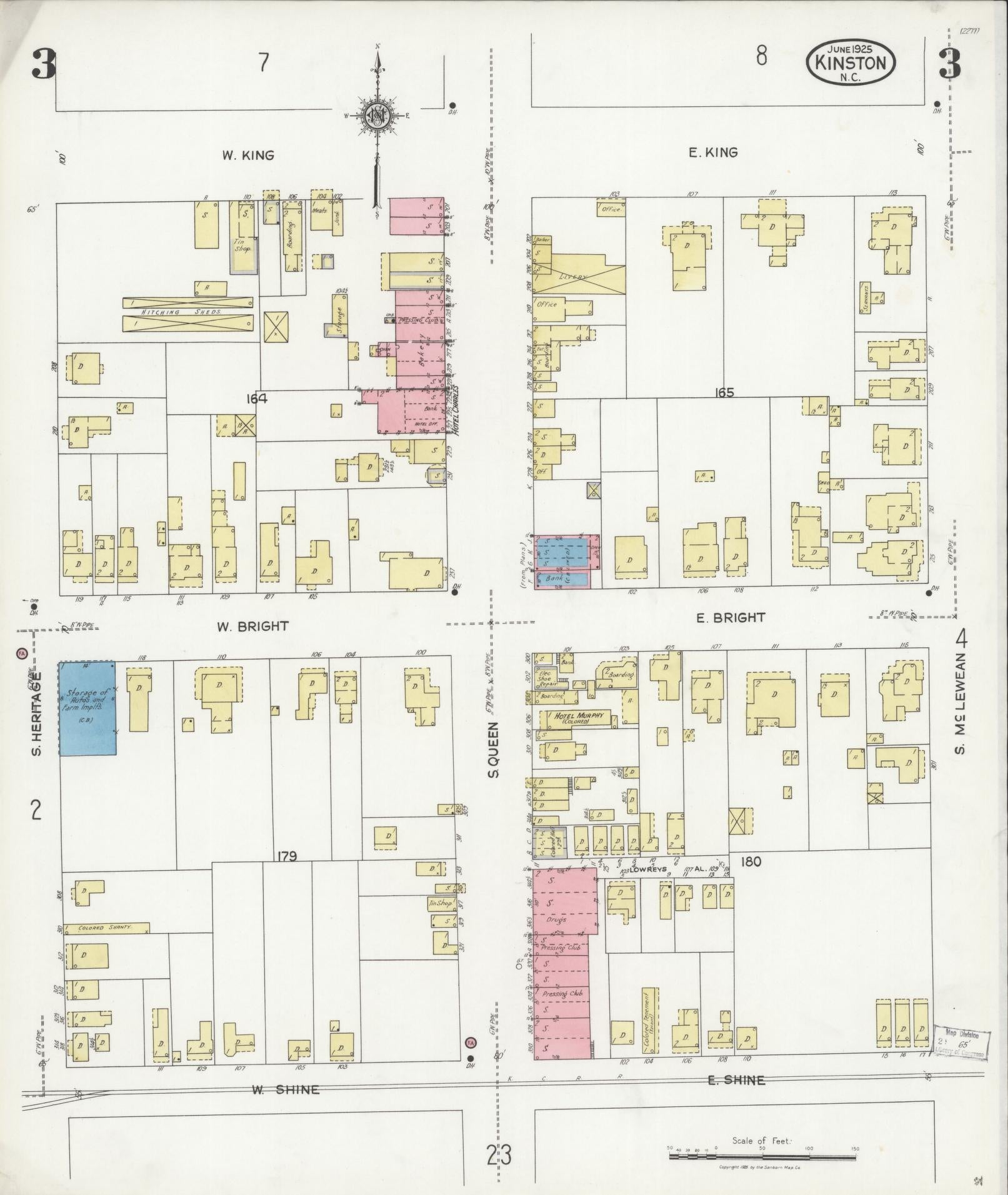 Sanborn Fire Insurance Map from Kinston, Lenoir County, North Carolina (1925), Sheet #0003 - Complete Map Set gallery image, historic Sanborn map, vintage wall art, North Carolina North Carolina