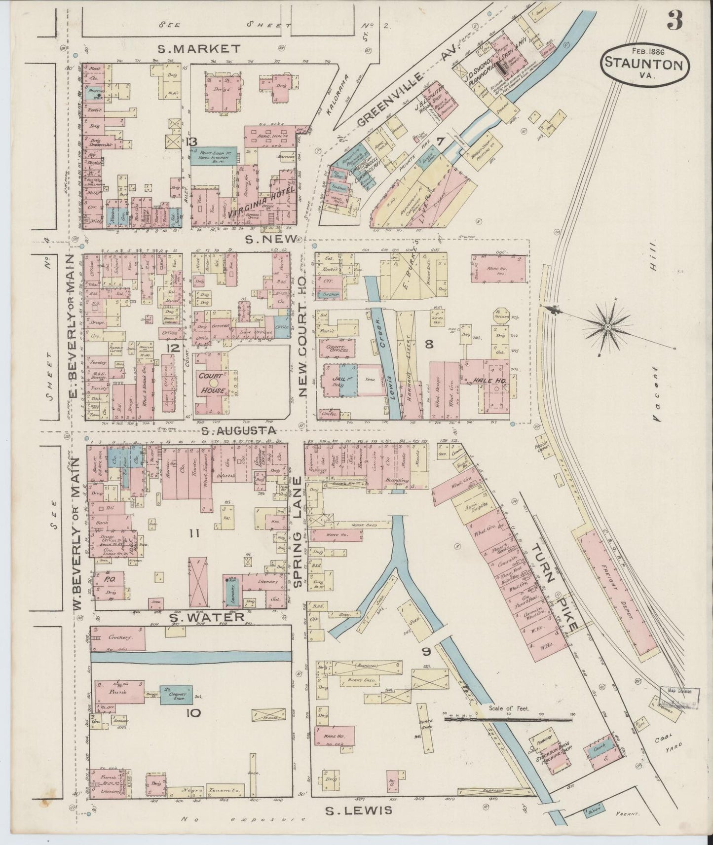 Sanborn Fire Insurance Map from Staunton, Independent Cities, Virginia (1886), Sheet #0003 - Historic Sanborn Fire Insurance Map Print, vintage old map wall art, antique decor, genealogy gift, Virginia Virginia map