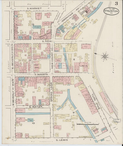 Sanborn Fire Insurance Map from Staunton, Independent Cities, Virginia (1886), Sheet #0003 - Historic Sanborn Fire Insurance Map Print, vintage old map wall art, antique decor, genealogy gift, Virginia Virginia map