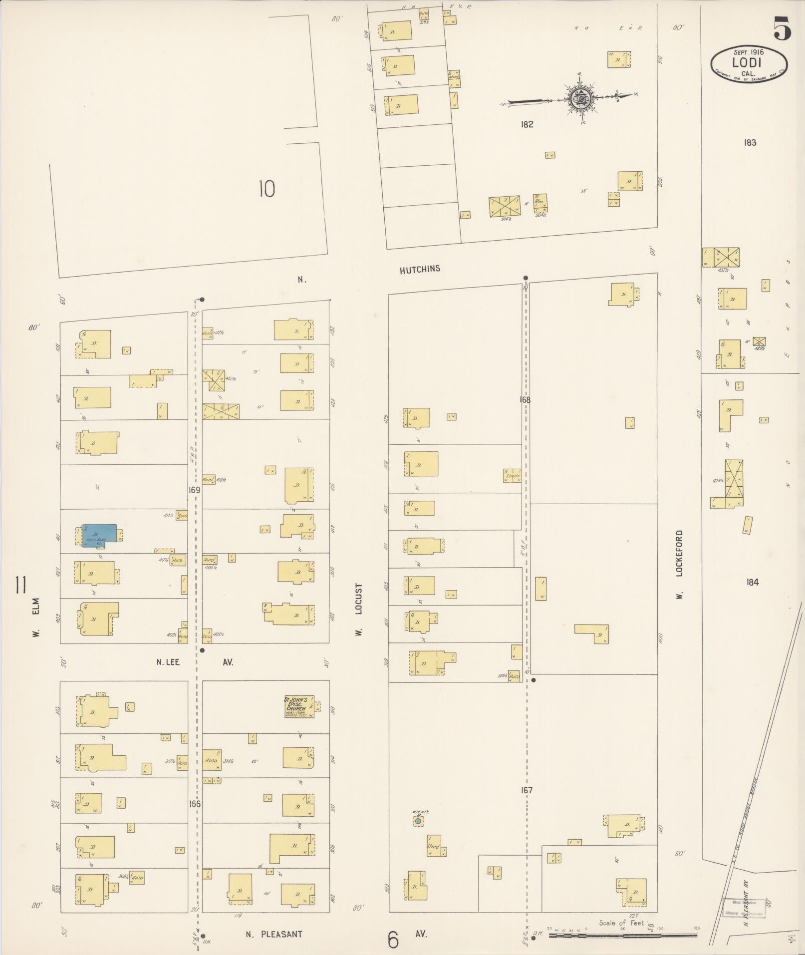 Sanborn Fire Insurance Map from Lodi, San Joaquin County, California (1916), Sheet #0005 - Historic Sanborn Fire Insurance Map Print, vintage old map wall art, antique decor, genealogy gift, California California map